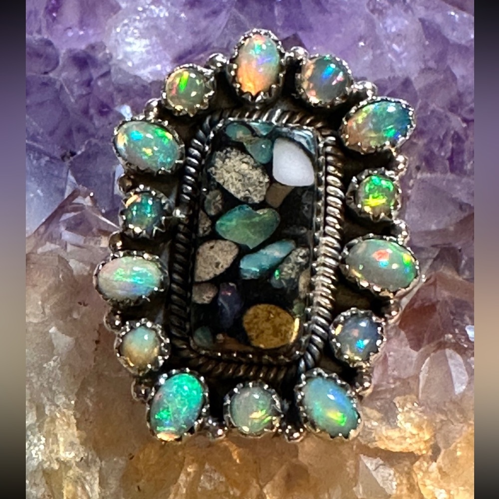 Opal With Mosaic Opal Adjustable Statement Sterli… - image 1